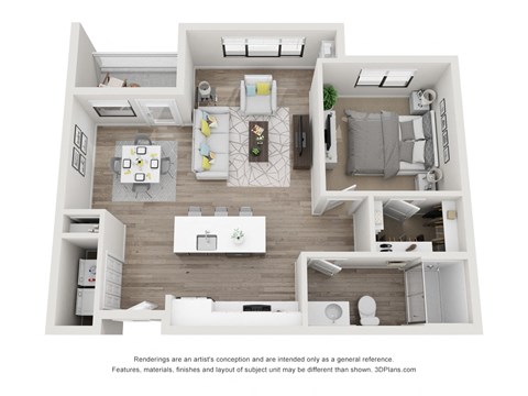 Floor plan for 1 bed, 1 bath, 755 sqft